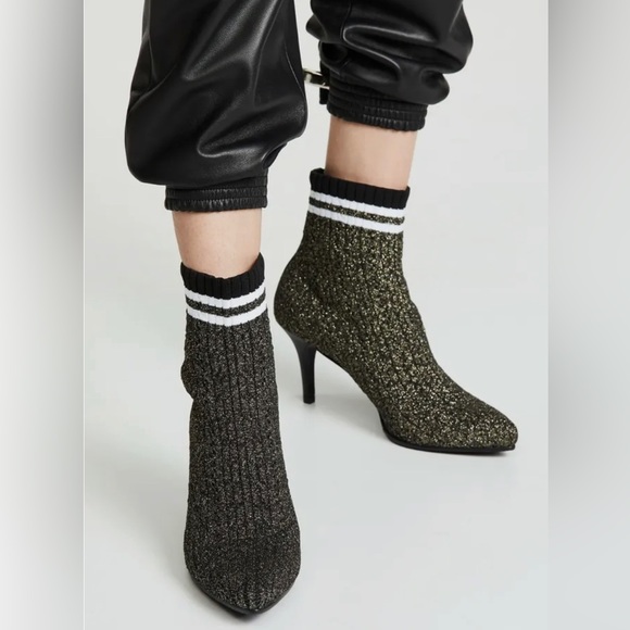 STUART WEITZMAN Waverly Sock Booties Black and Gold Glitter w/Stripe Top sz. 9.5 - Picture 1 of 8